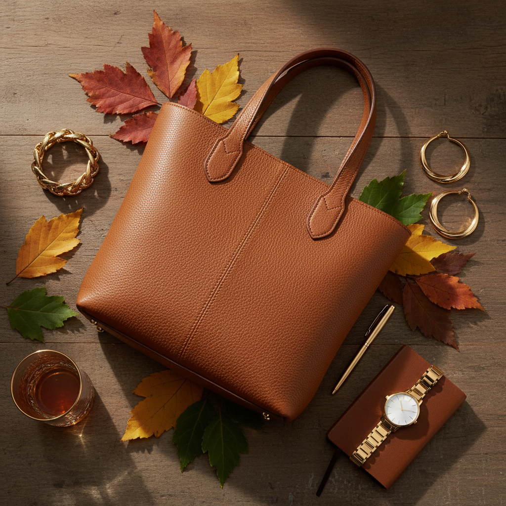 Cognac Leather Tote - Flat lay