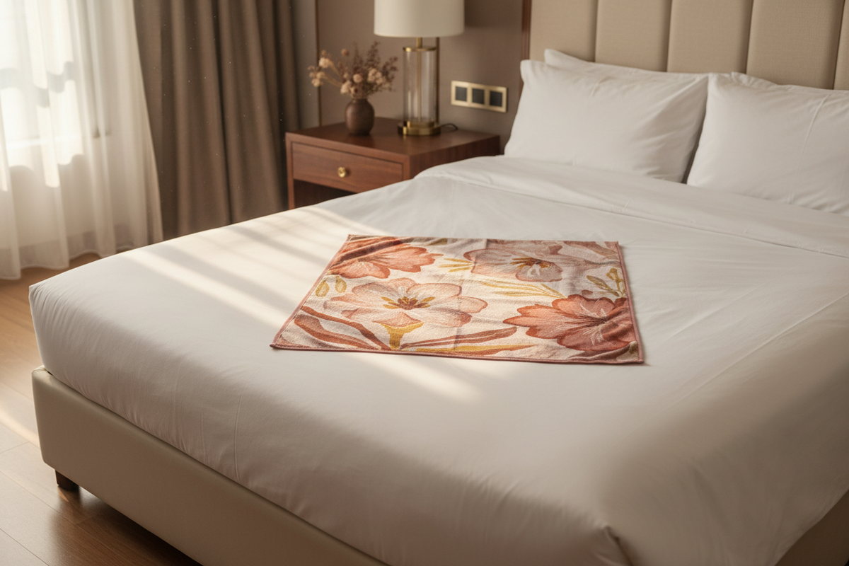 Desert Rose Beach Towel - pliée sur lit