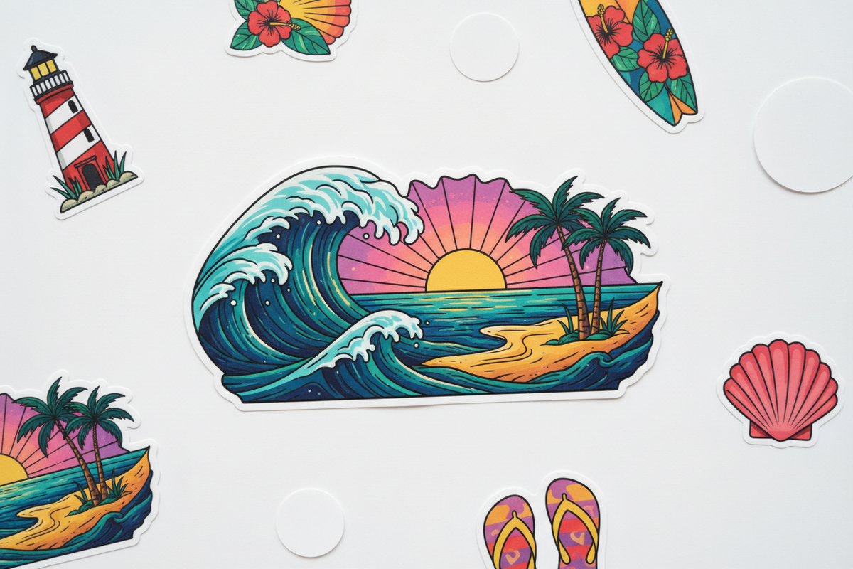 Die-cut sticker découpé précisément flat lay