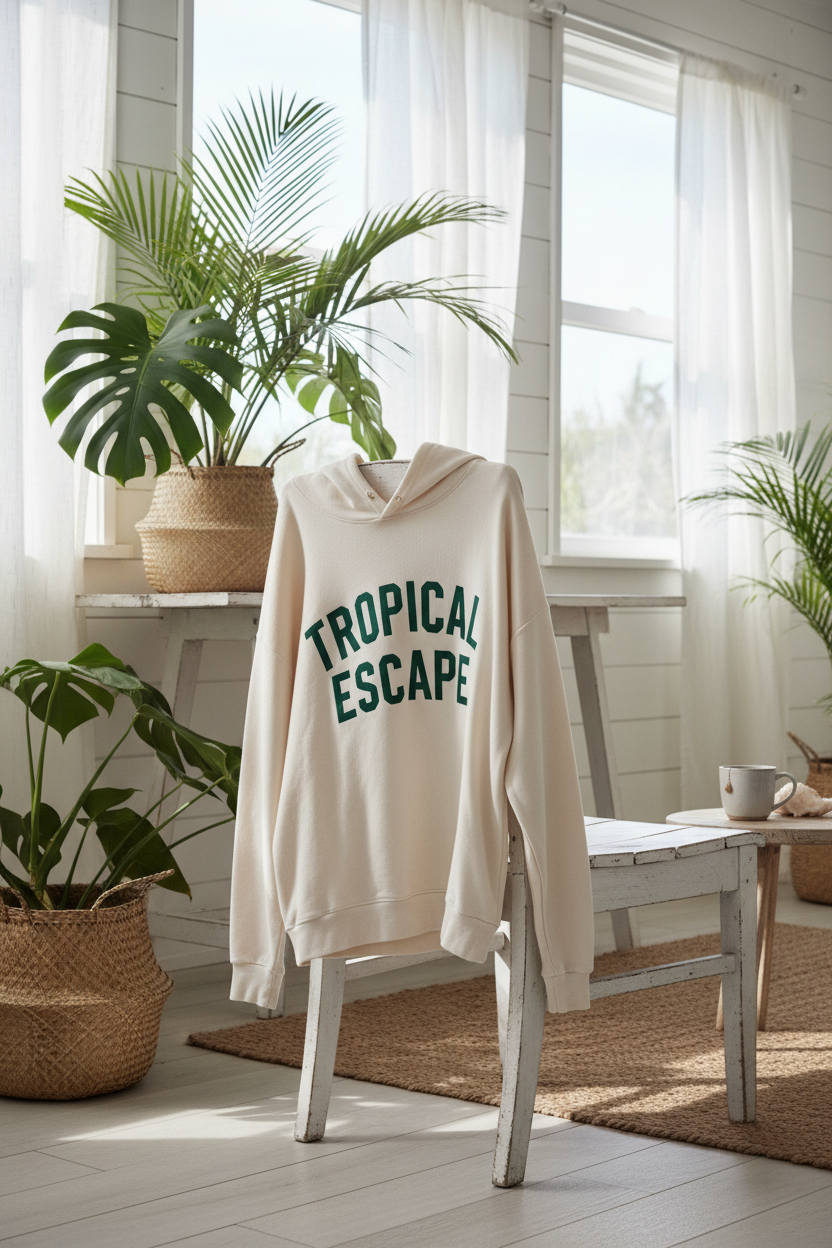 Hoodie Tropical Escape déposé sur chaise beach house