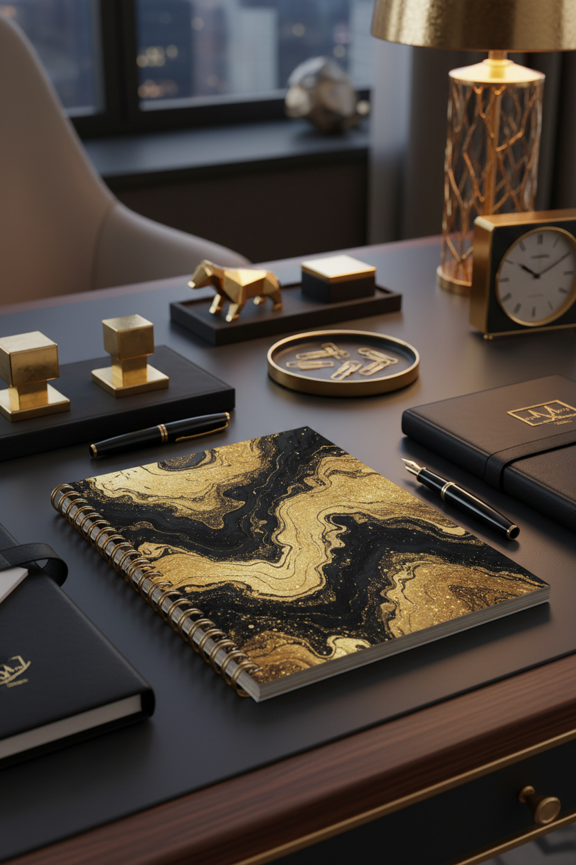Carnet spirale abstrait doré sur bureau luxueux