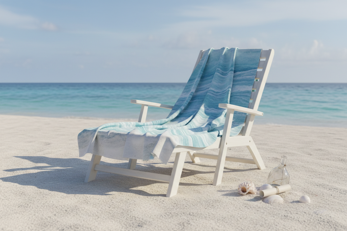 Coastal Serenity Beach Towel on a luxury beach chair