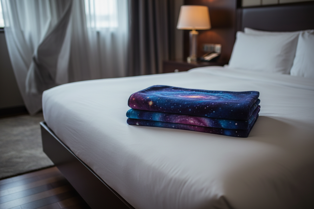 Galaxy Dreams Beach Towel - pliée sur lit