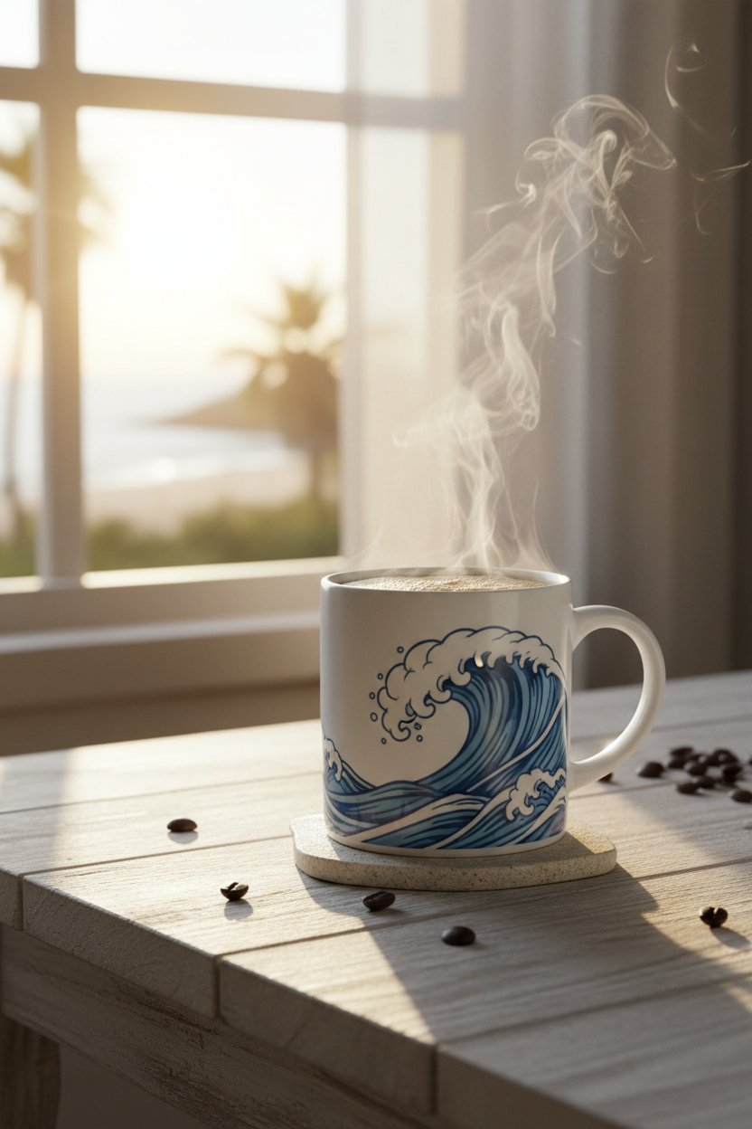 Mug Morning Waves sur table en bois au lever du soleil