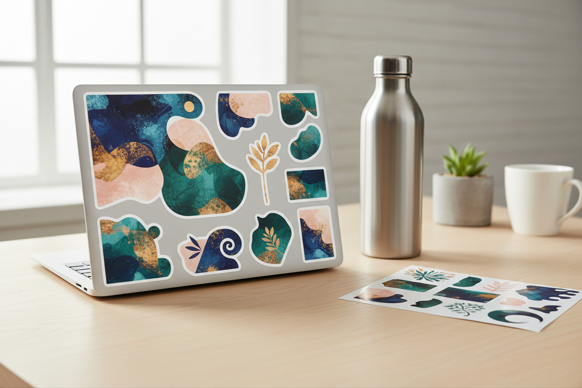 Kiss-cut satin finish vinyl decal sur laptop et gourde