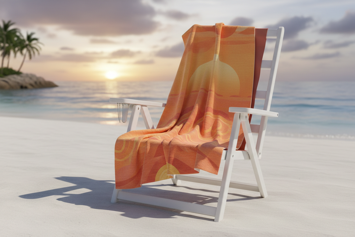 Sunset Glow Beach Towel on a luxury beach chair