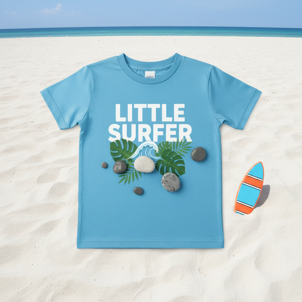 T-Shirt Little Surfer flat lay plage blanche planche surf