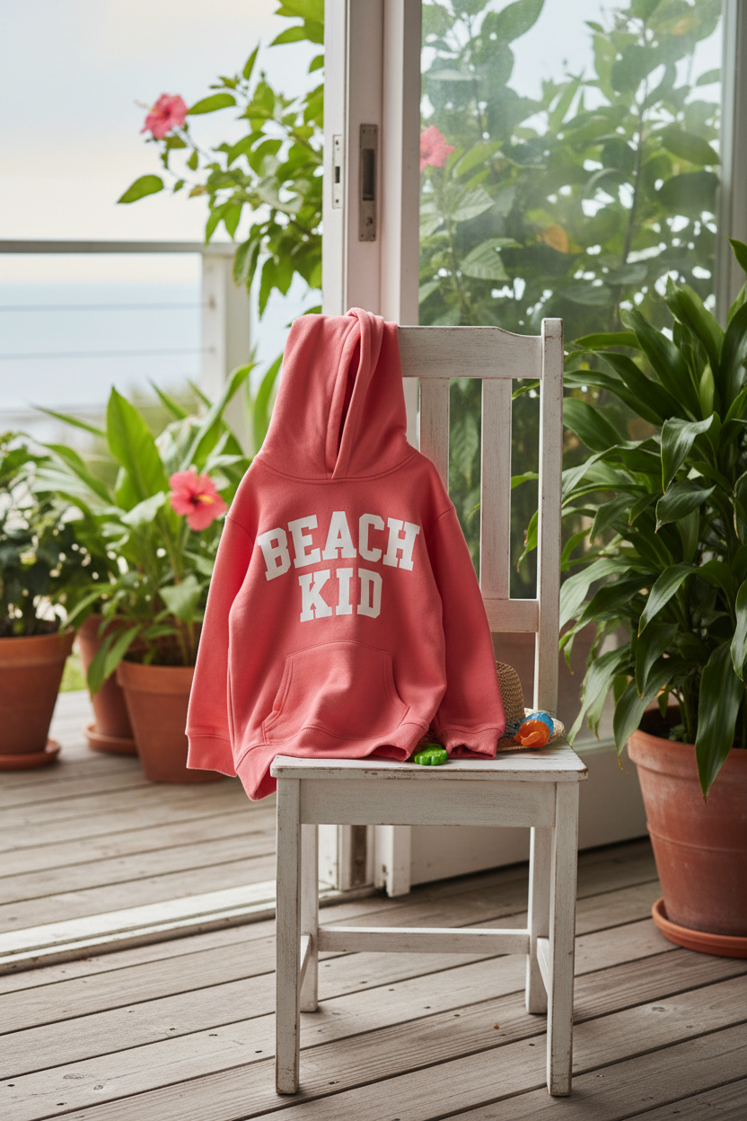 Hoodie Beach Kid corail sur chaise beach house