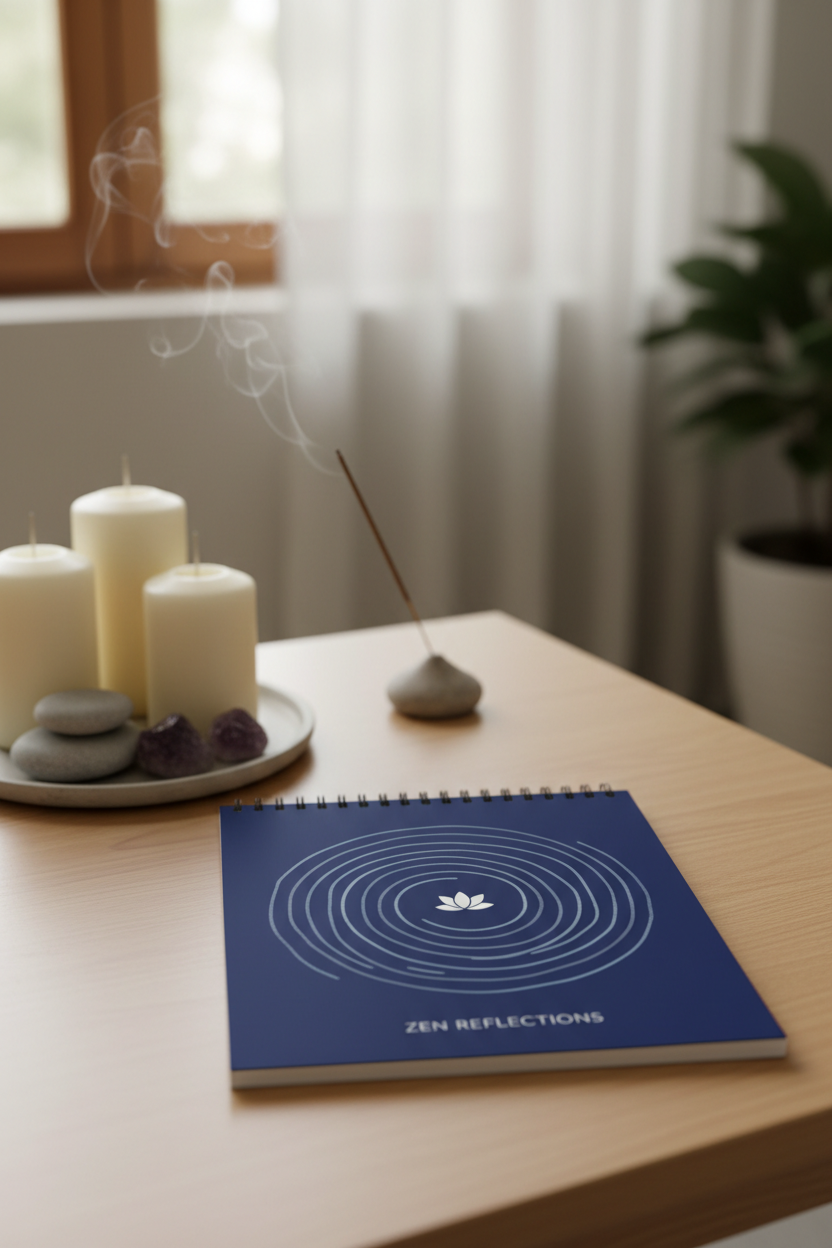 Carnet spirale zen indigo sur bureau méditation