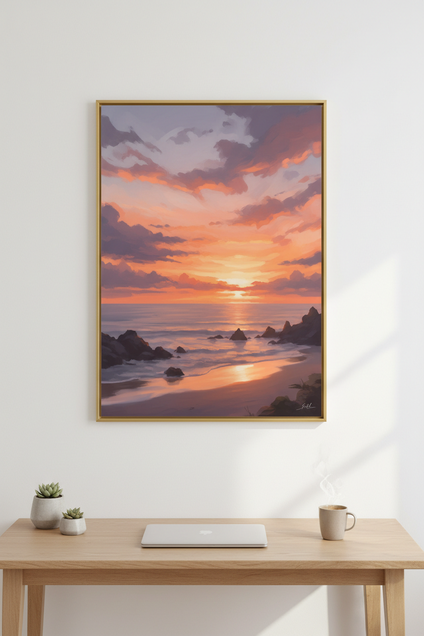 Poster Coastal Sunset encadré sur mur blanc