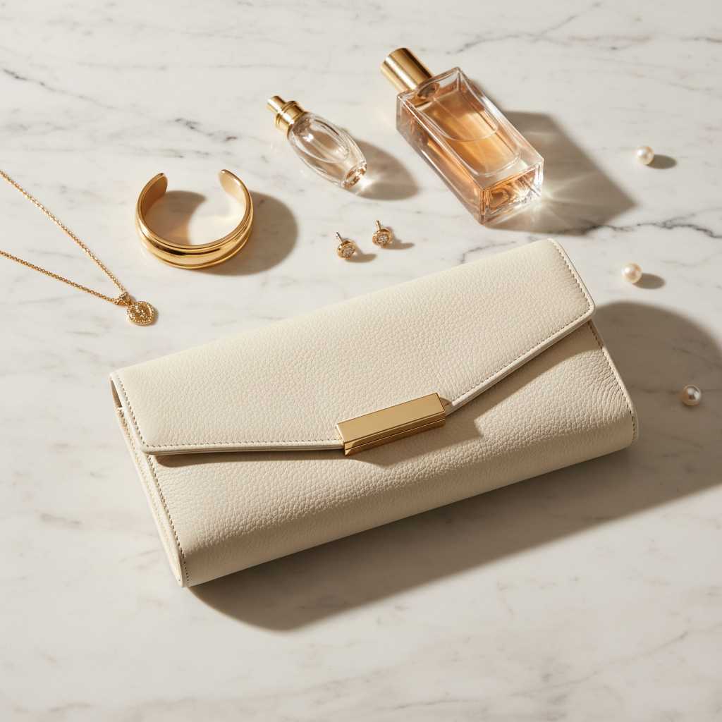 Ivory Luxe Clutch - Flat lay
