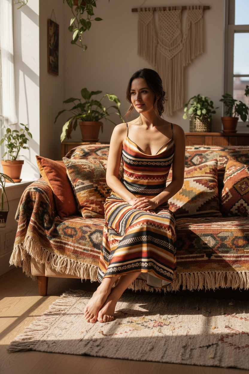 Robe Midi Rayures Ethniques Berbères — Tribu Soleil