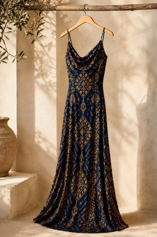 Robe Longue Berbère — Nuit Bleue & Or
