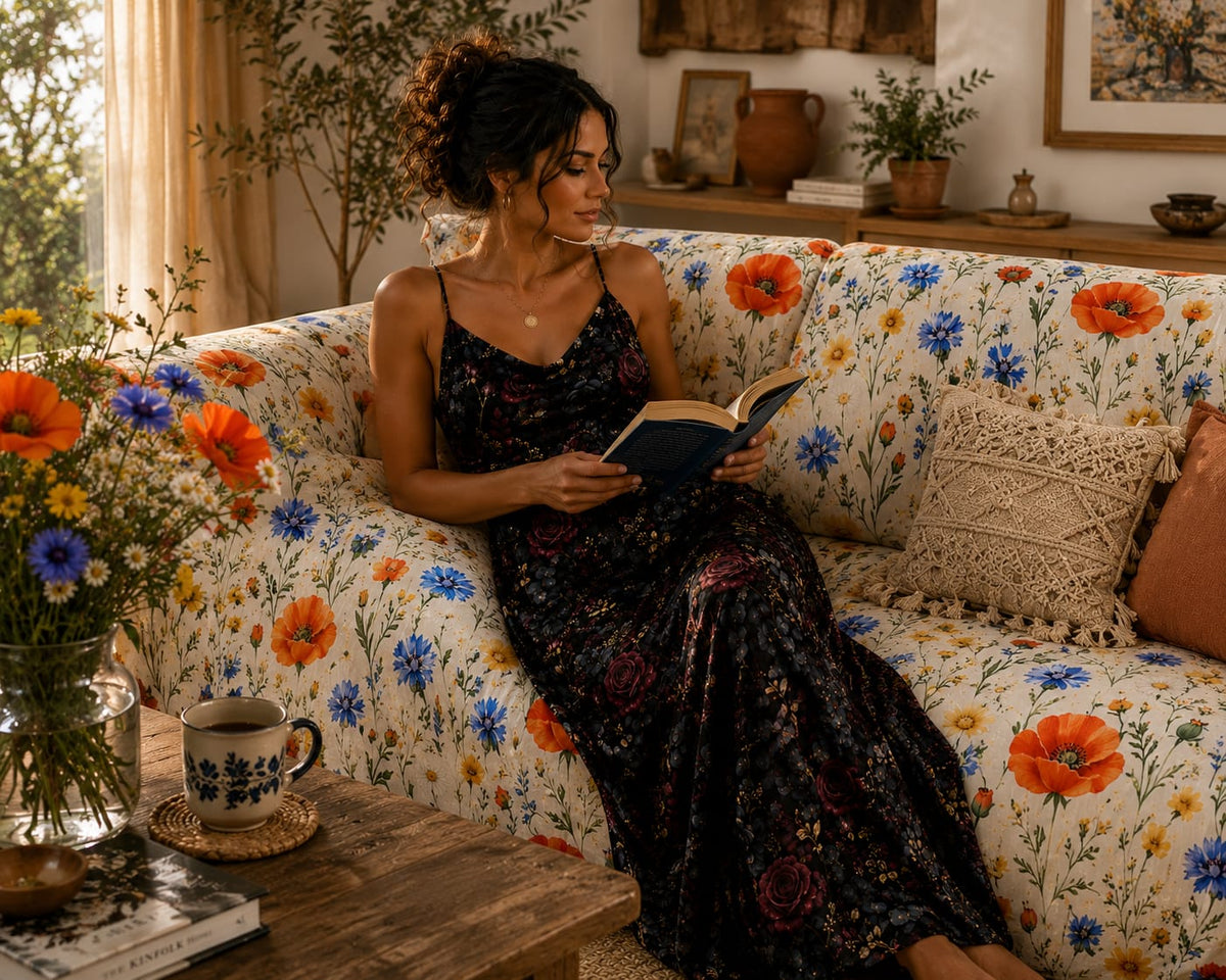 Robe Longue Dark Floral — Minuit en Rose