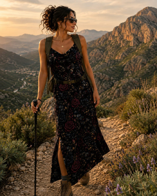 Robe Longue Dark Floral — Minuit en Rose