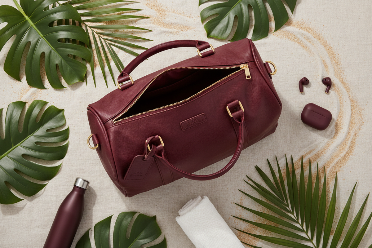 Burgundy Luxe Gym Bag - Flat lay