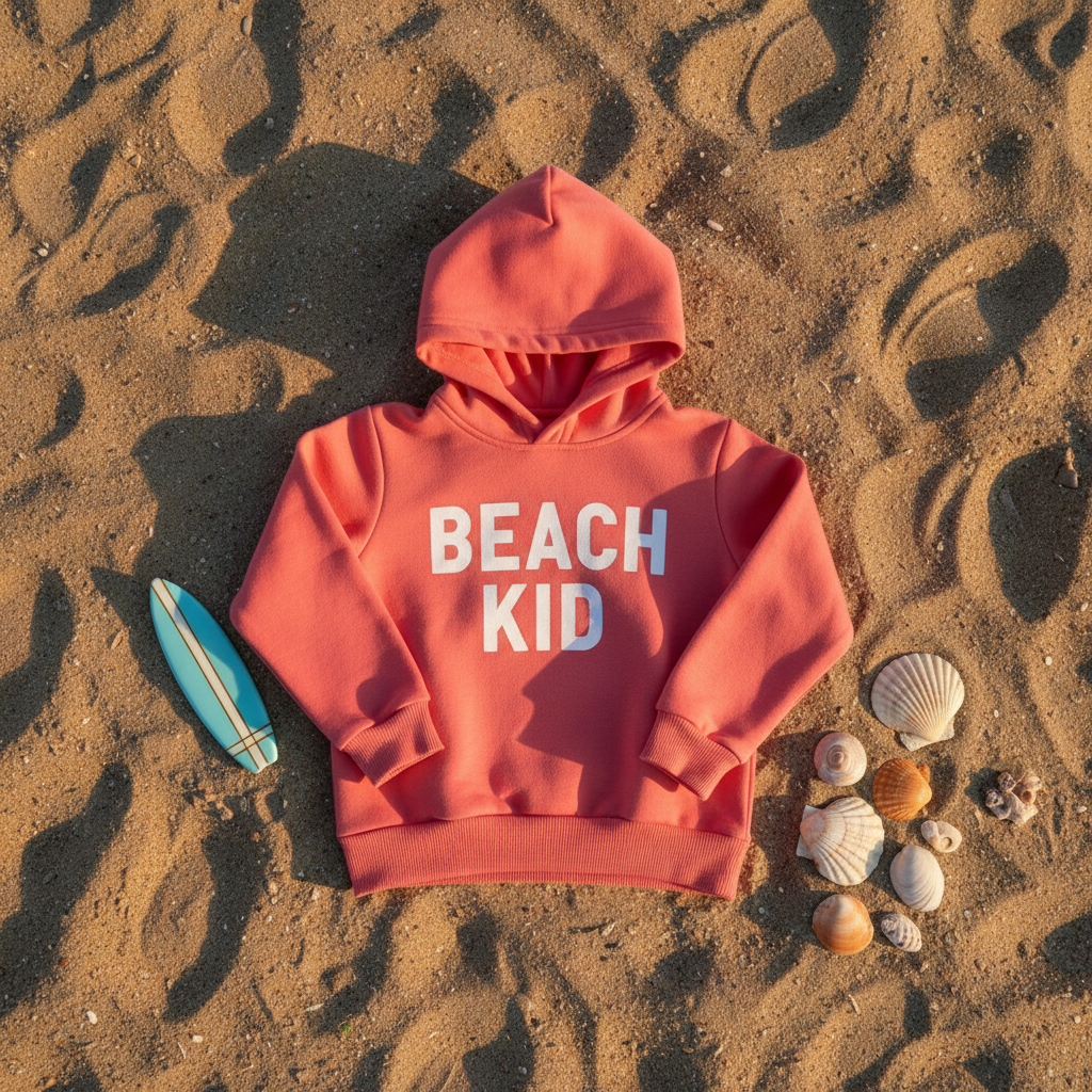 Flat lay Hoodie Beach Kid plage planche surf coquillages