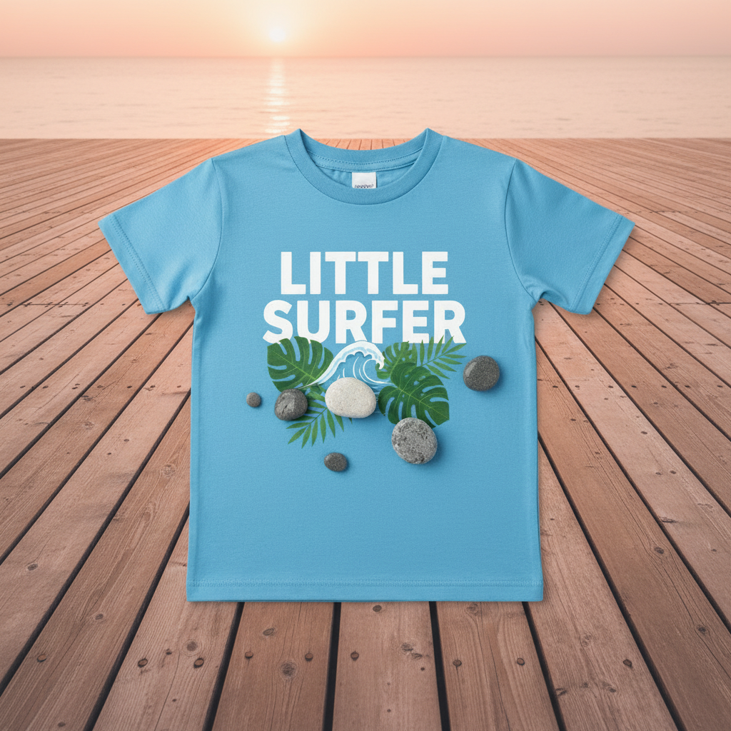 T-Shirt Little Surfer flat lay boardwalk coucher de soleil