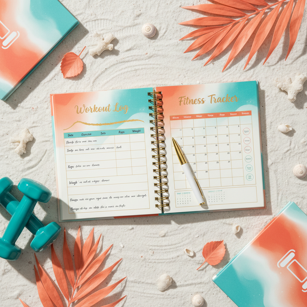 Beach Fitness Planner - Pages ouvertes flat lay