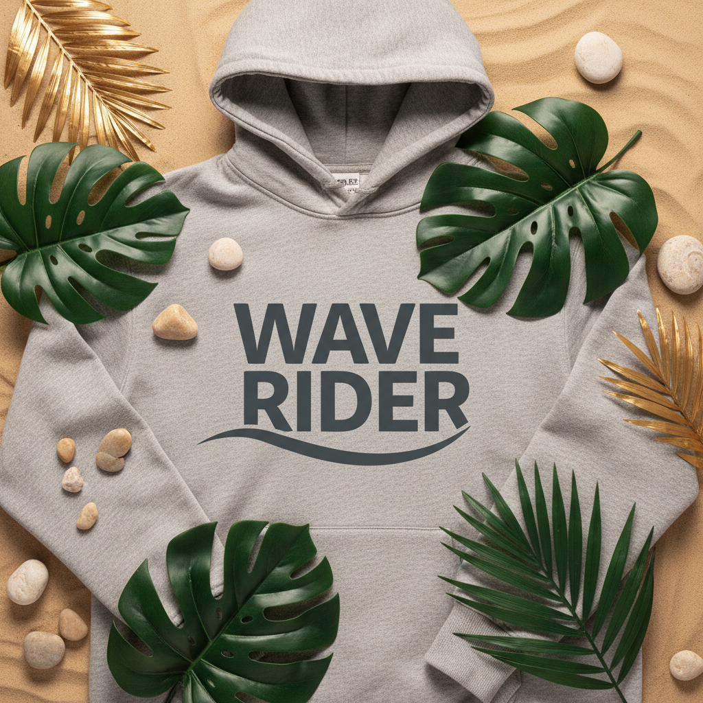 Flat lay Hoodie Wave Rider fond sable feuilles tropicales