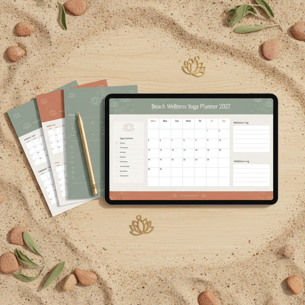 Beach Wellness Yoga Planner 2027 - Flat lay tablette