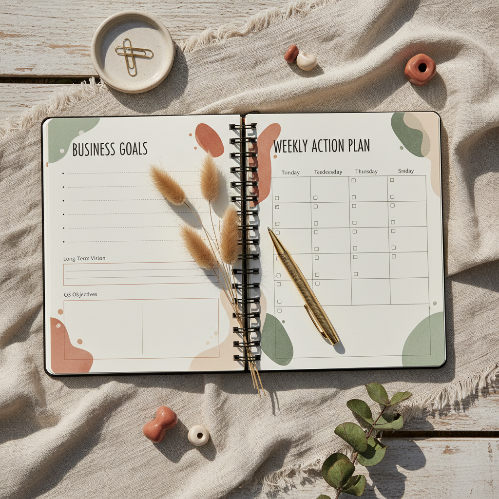 Boho Beach Business Planner - Pages ouvertes flat lay
