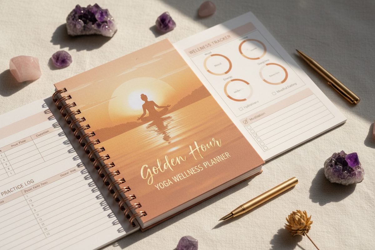Golden Hour Yoga Wellness Planner - Carnet spirale mockup