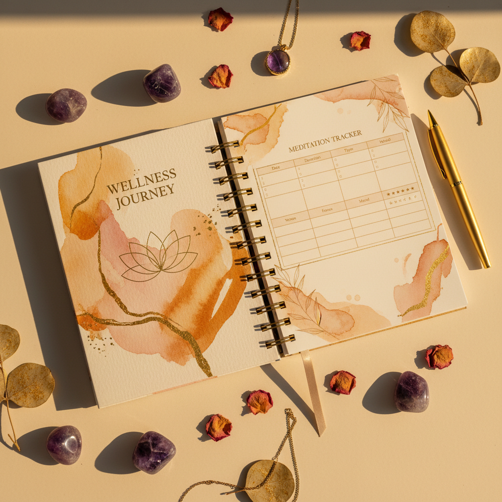 Golden Hour Yoga Wellness Planner - Pages ouvertes flat lay