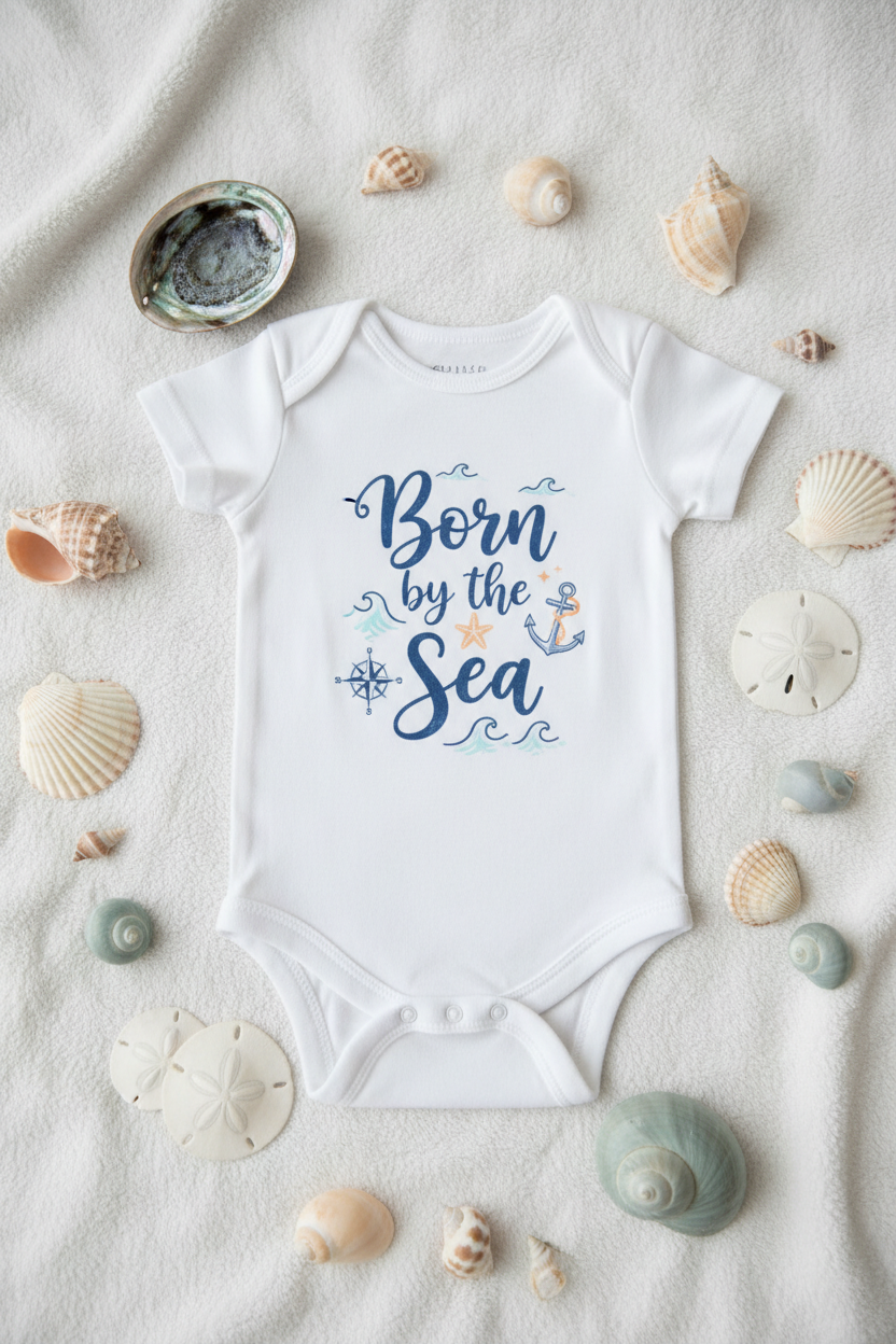 Body bébé Born by the Sea flat lay avec coquillages