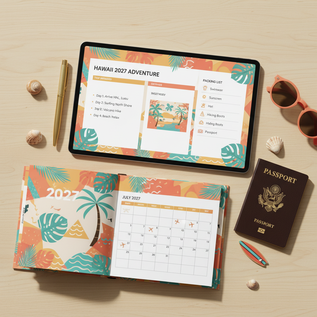 Tropical Travel Adventure Planner 2027 - Flat lay tablette