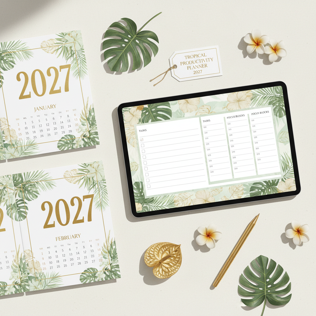 Tropical Productivity Planner 2027 - Flat lay tablette