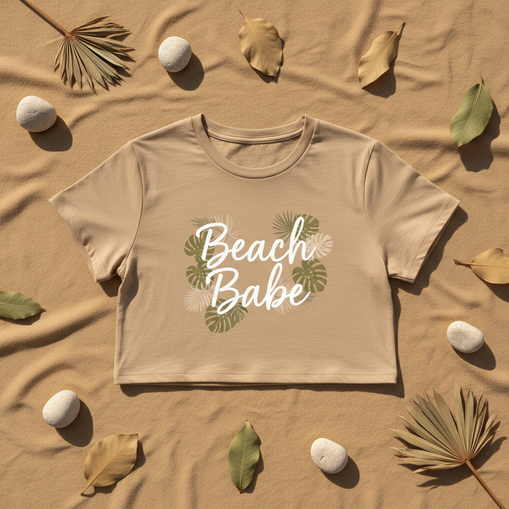 Flat lay T-Shirt Crop Beach Babe feuilles tropicales