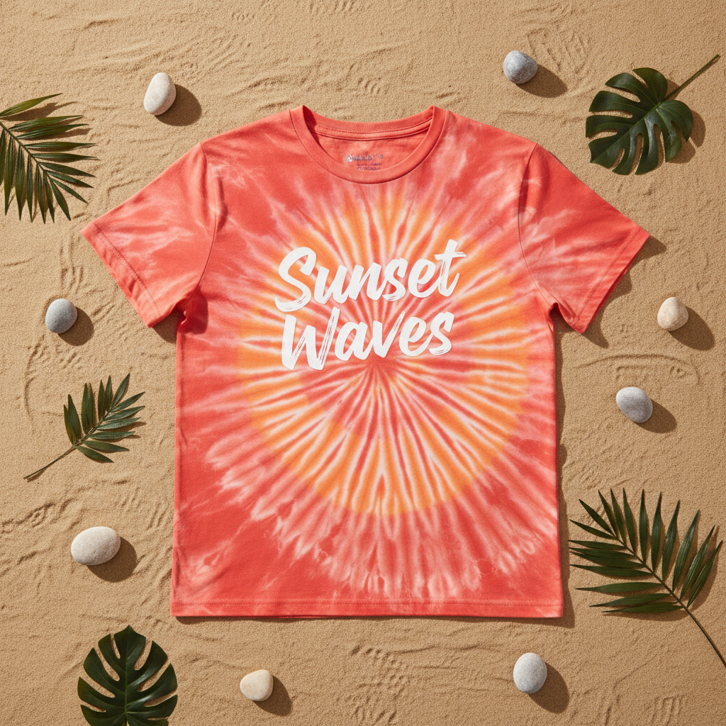 Flat lay T-Shirt Tie-Dye Sunset Waves feuilles tropicales