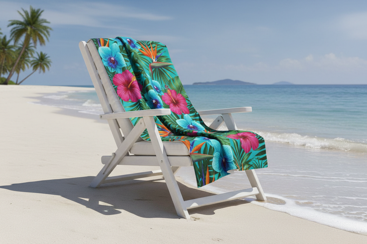 Tropical Paradise Beach Towel on a luxury beach chair
