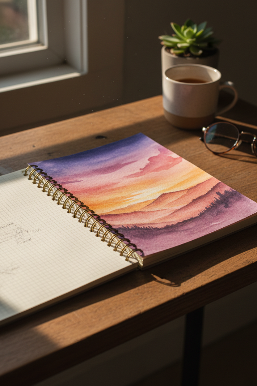 Carnet spirale coucher de soleil aquarelle