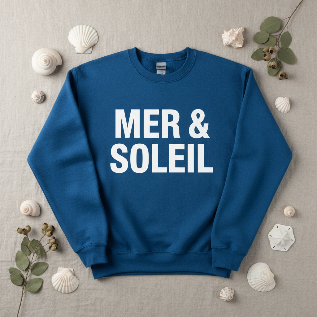Flat lay Sweat Mer & Soleil avec coquillages eucalyptus