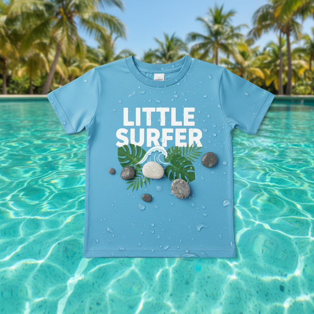 T-Shirt Little Surfer flat lay piscine tropicale palmiers