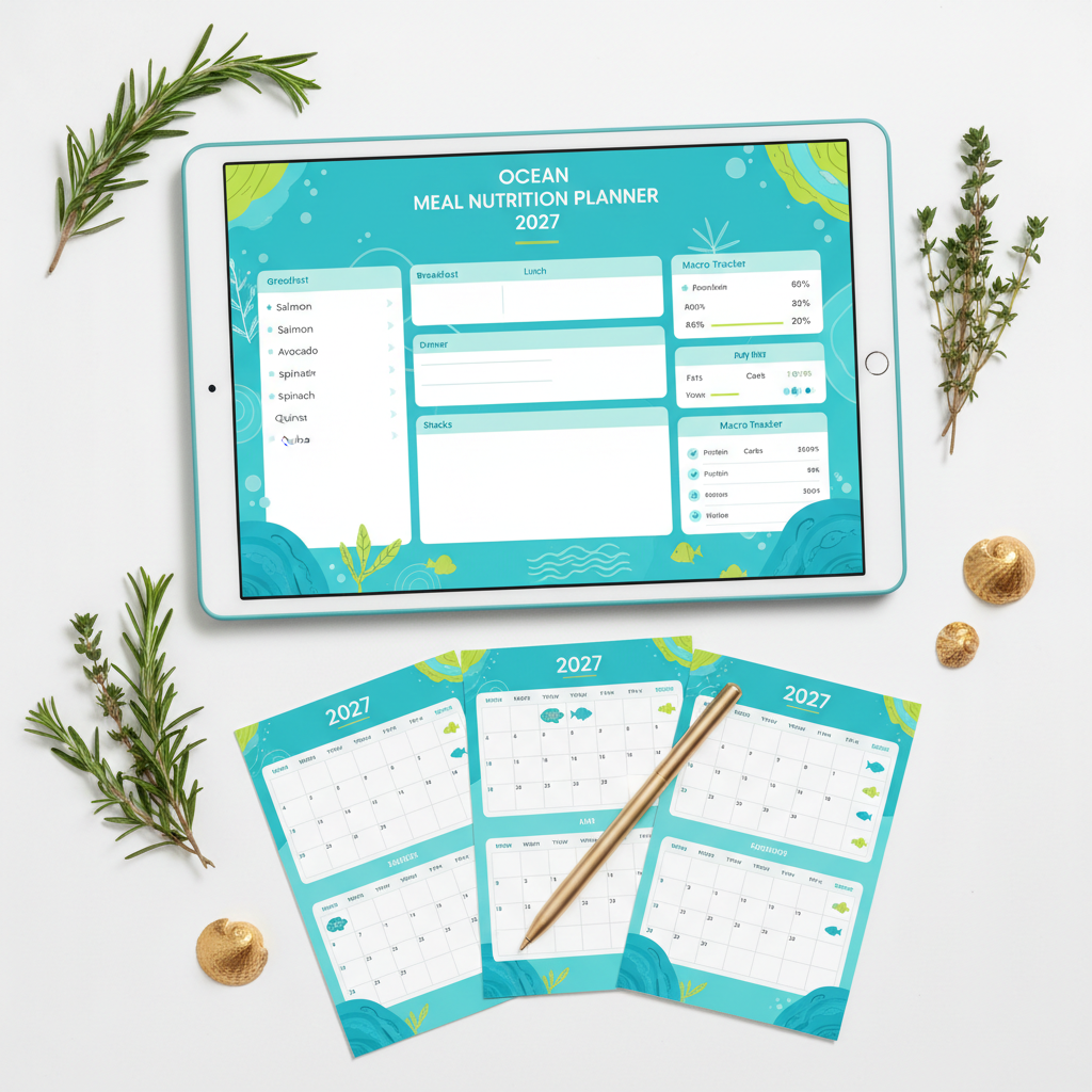 Ocean Meal Nutrition Planner 2027 - Flat lay tablette