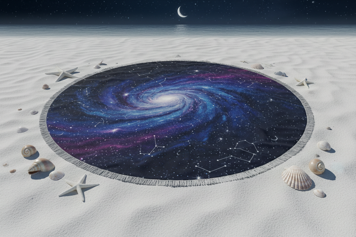 Midnight Dream Beach Towel flat lay on beach