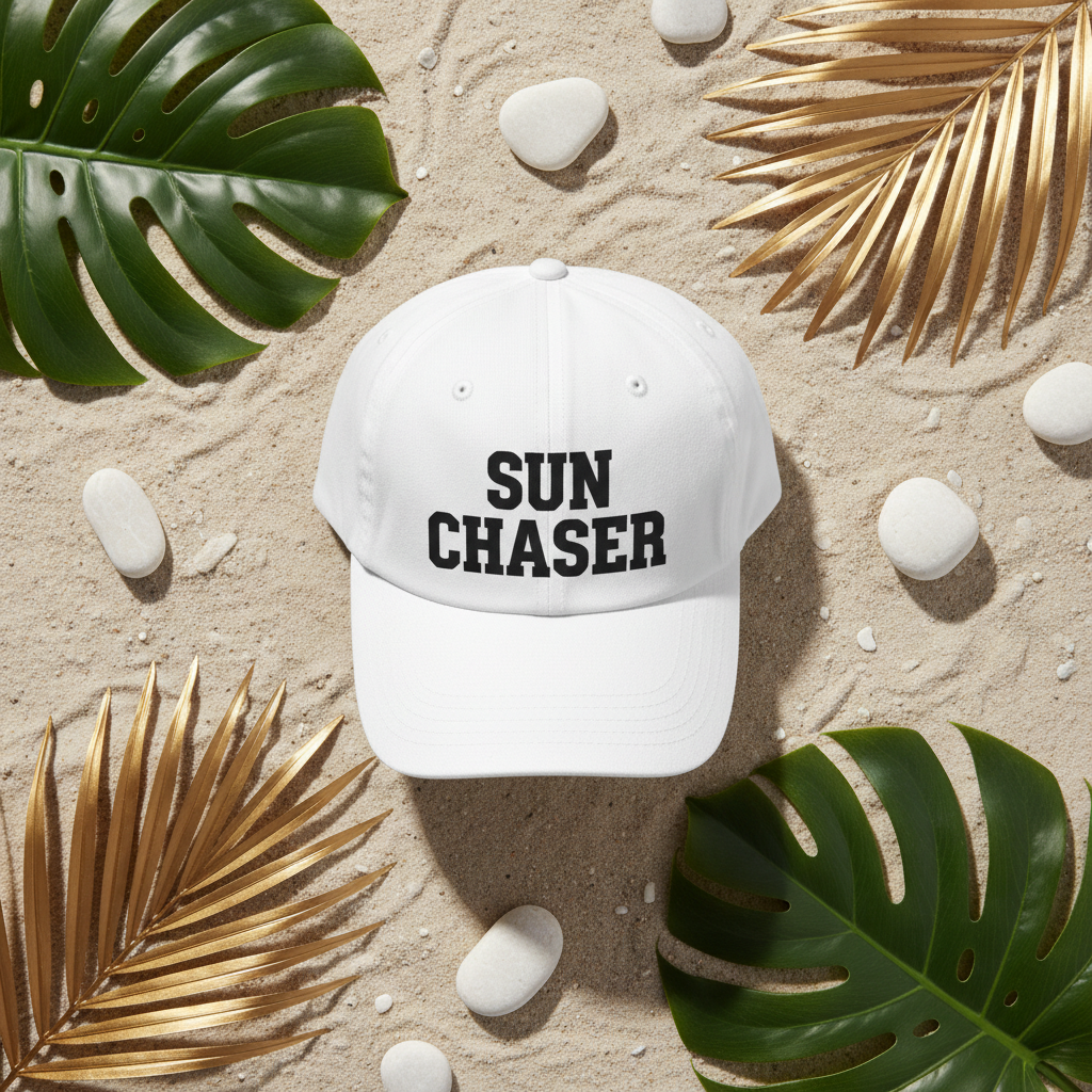 Flat lay Casquette Sun Chaser blanche fond sable