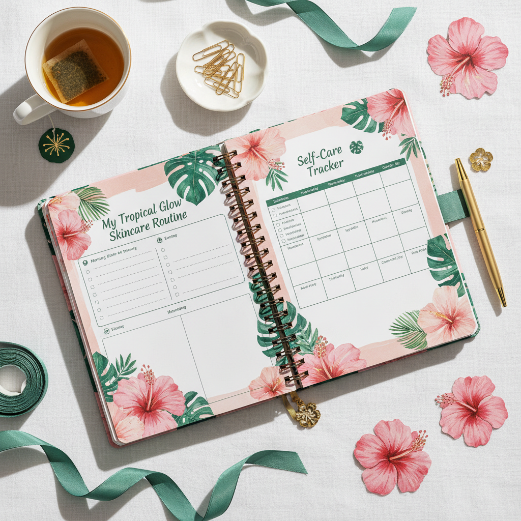 Tropical Self-Care Planner - Pages ouvertes flat lay