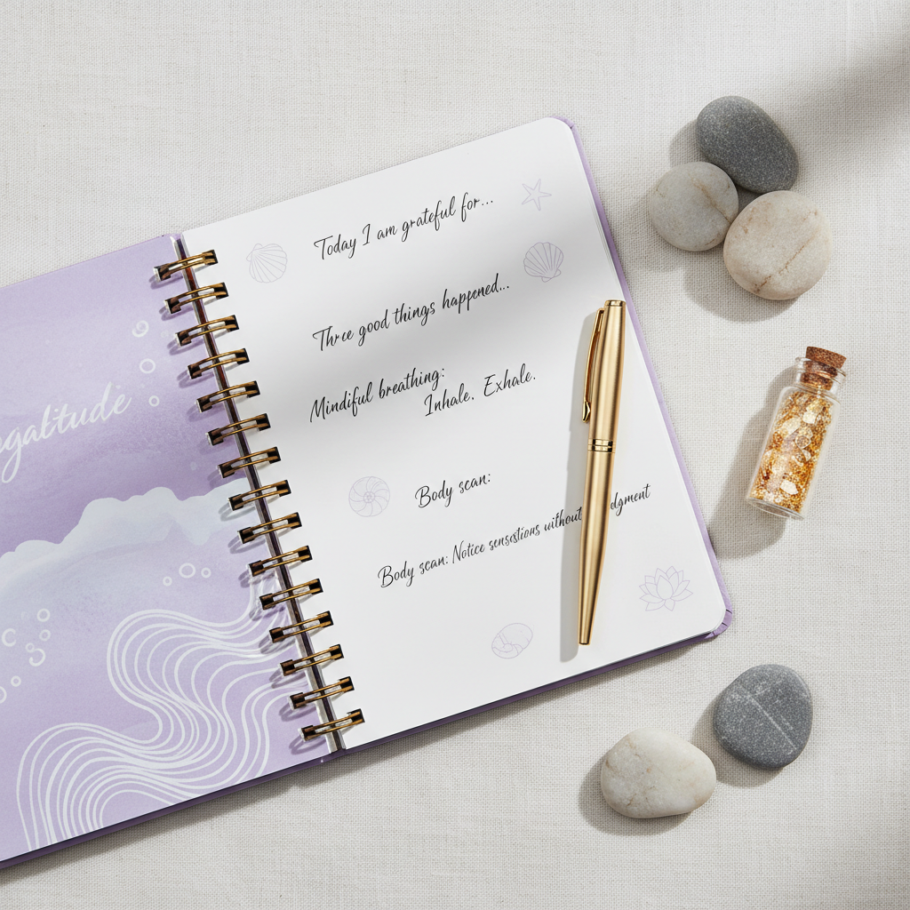Beach Mindfulness Gratitude Planner - Pages ouvertes flat lay
