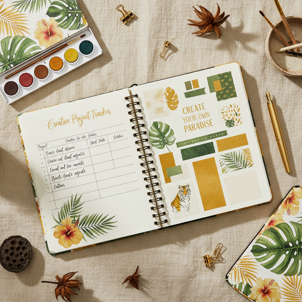 Tropical Creative Art Planner - Pages ouvertes flat lay