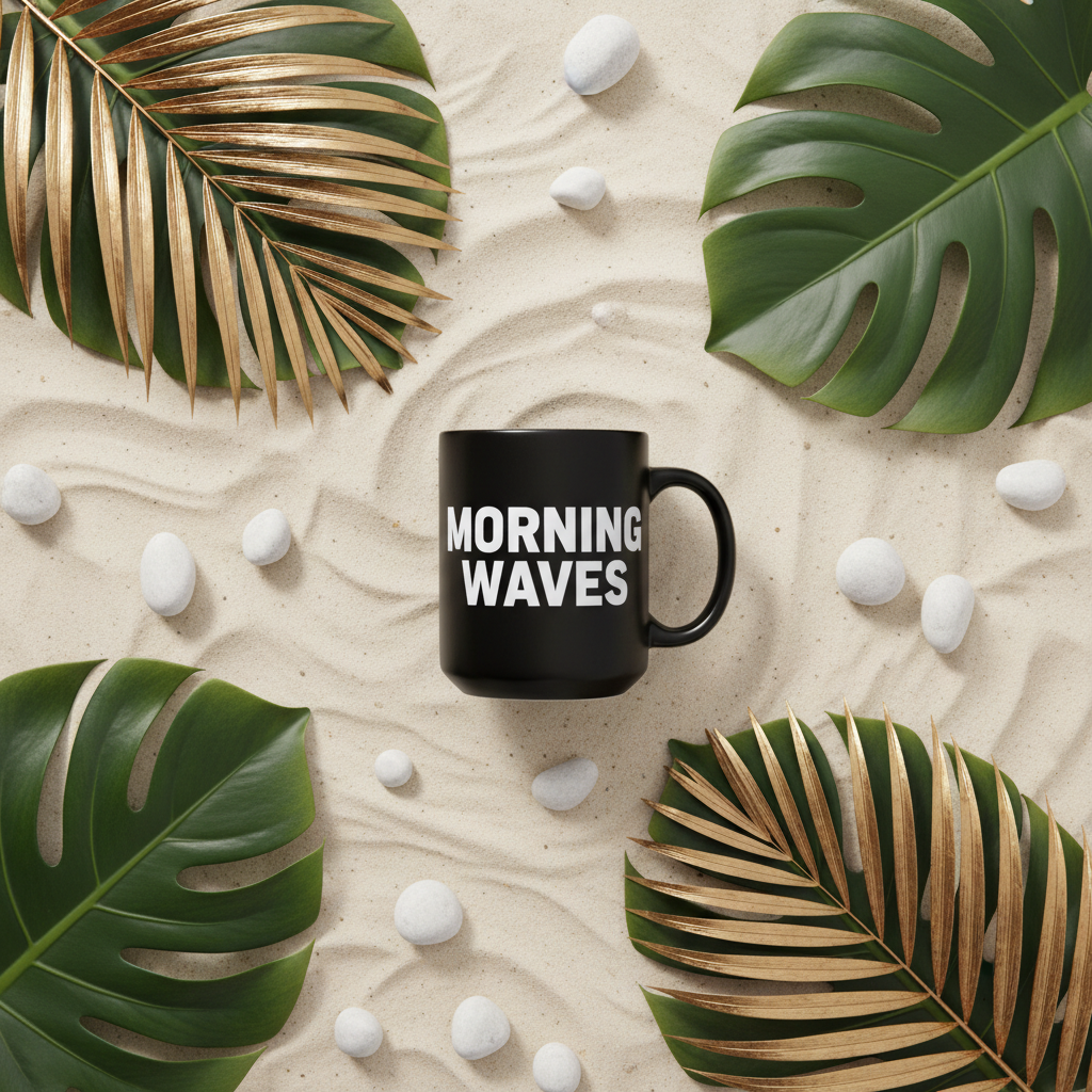Flat lay Mug Morning Waves noir fond sable