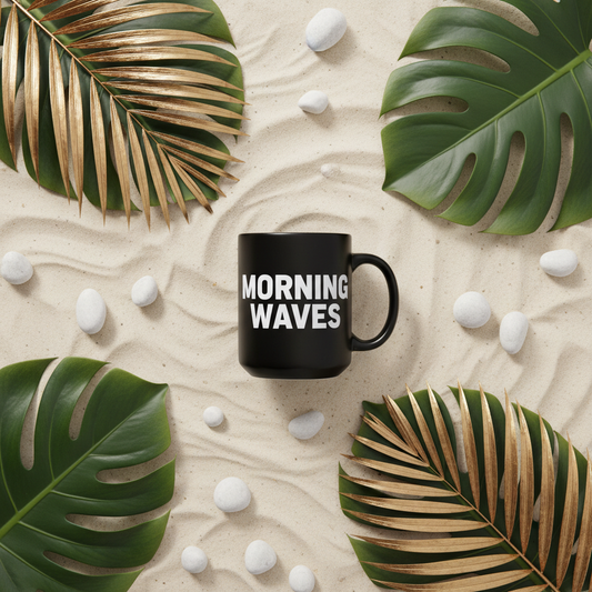 Flat lay Mug Morning Waves noir fond sable