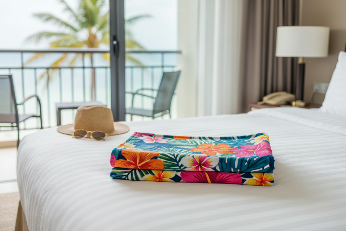 Tropical Paradise Beach Towel - pliée sur lit