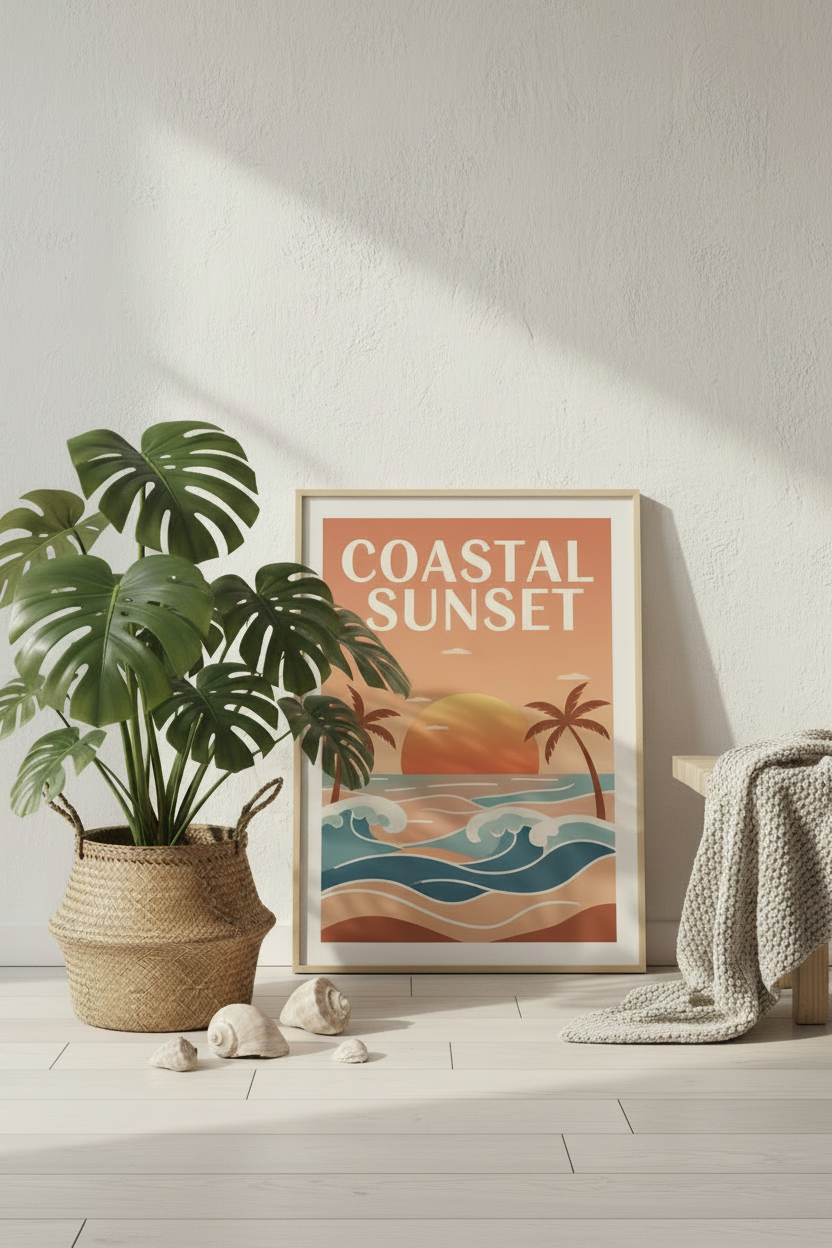Poster Coastal Sunset illustré orange sable