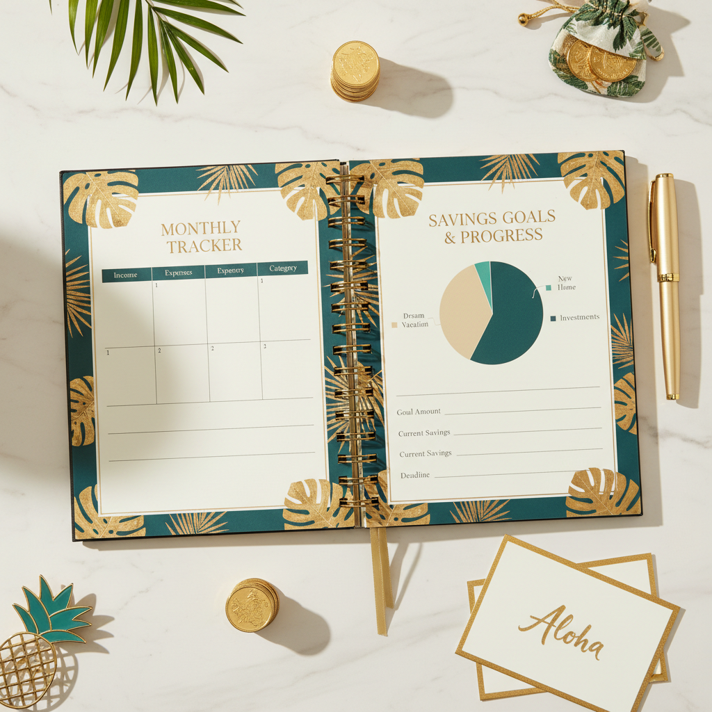 Tropical Finance Budget Planner - Pages ouvertes flat lay