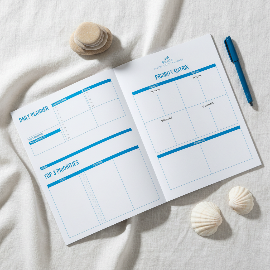 Beach Productivity Planner - Flat lay