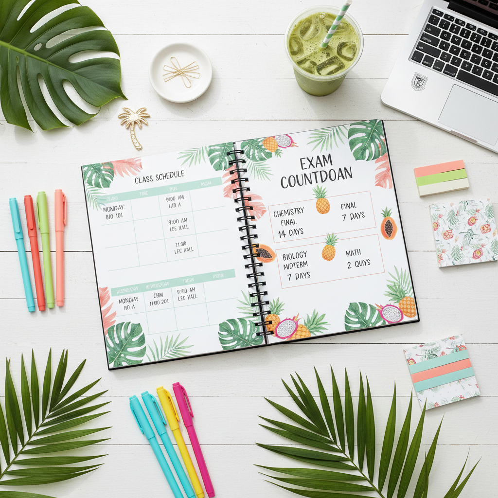 Tropical Student Academic Planner - Pages ouvertes flat lay